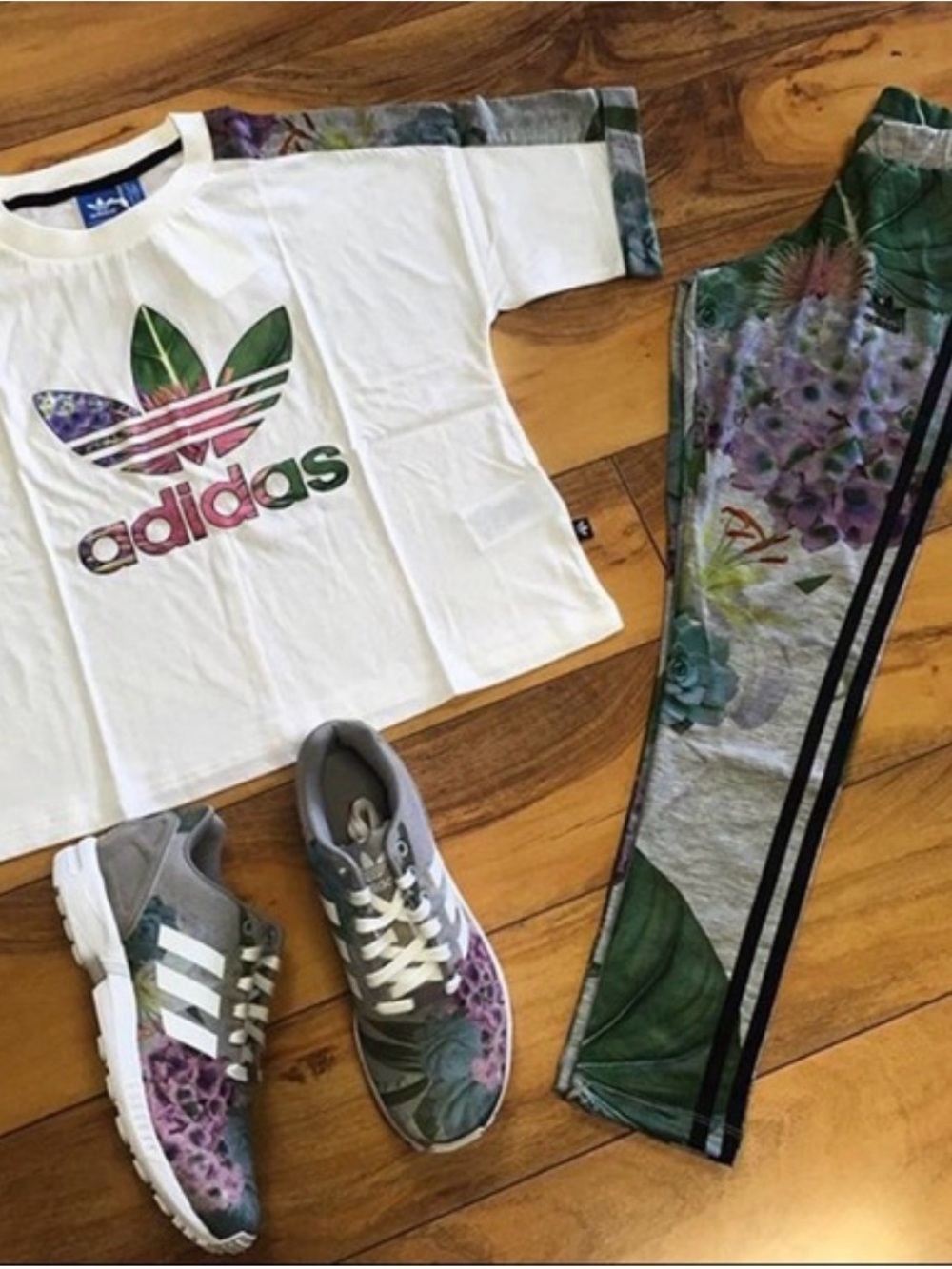 adidas White Tee with Floral Trefoil, Floral Leggings & Floral Sneakers